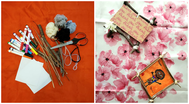 Picture frame made with sticks and yarn