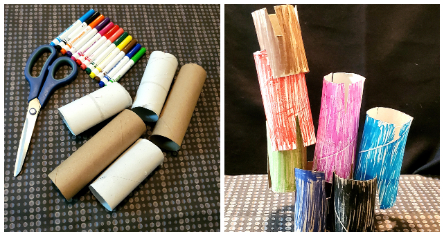 Colourful cardboard tubes stacked as a structure