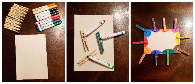 Coloured clothes pins attached to matching colours on paper