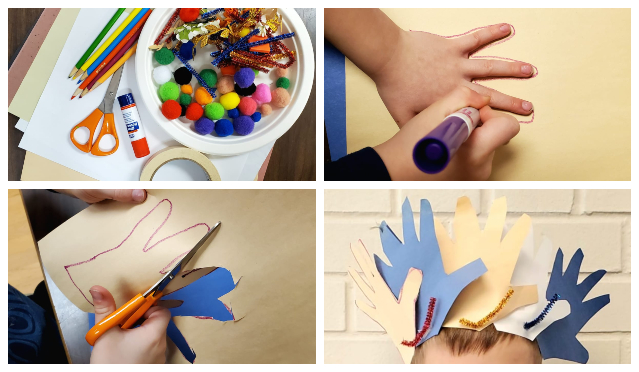 Child tracing hand print on construction paper, cutting out hand prints and taping them onto a crown.