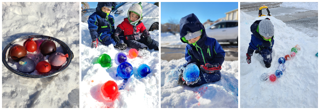 Colourful balloons filled with water and frozen in the snow
