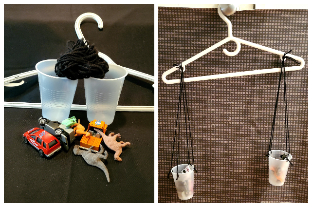 Clothes hanger being used as a balance scale by hanging objects on both sides