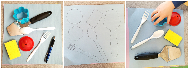 Child matching kitchen utensils with their traced outlines