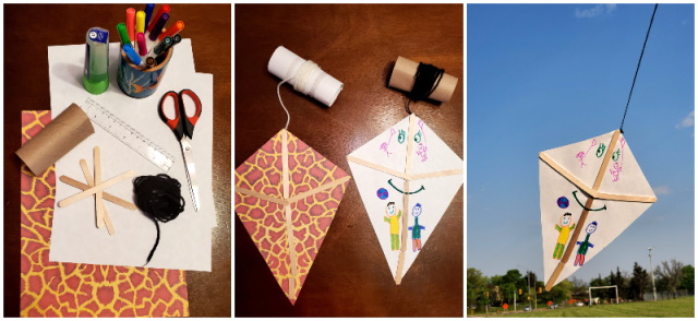 Homemade kites made from paper and popsicle sticks