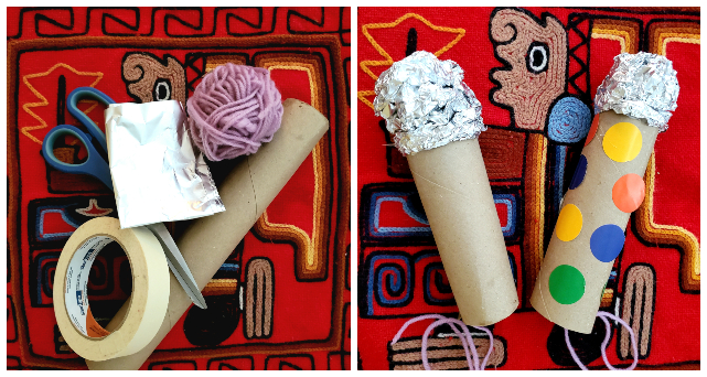 Cardboard tubes decorated to look like microphones