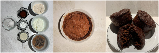 Sugar Free Oat Cupcakes - bowls of ingredients and ready to eat cupcakes