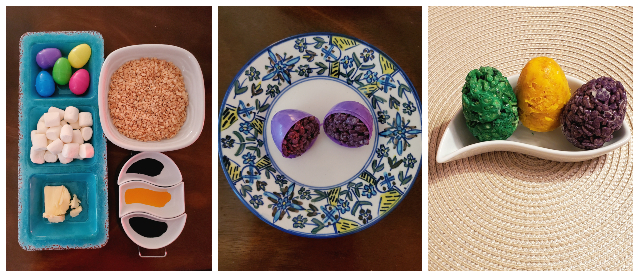 Colourful crispy rice treats, shaped like eggs
