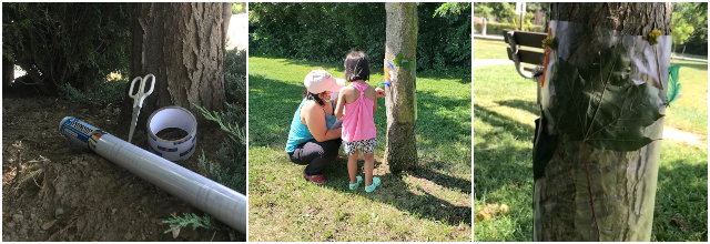 Child using sticky tape to make a natural collage on a tree