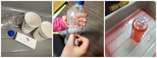 Child using a pin to poke holes in a plastic water bottle