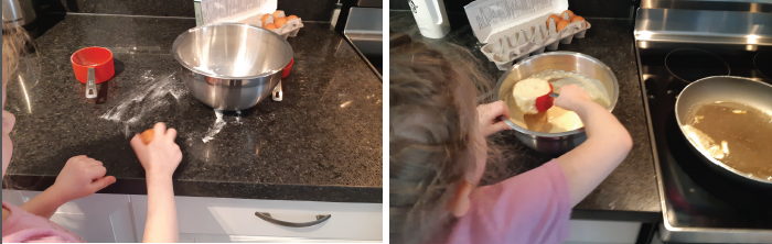 Child cracking an egg and scooping pancake batter