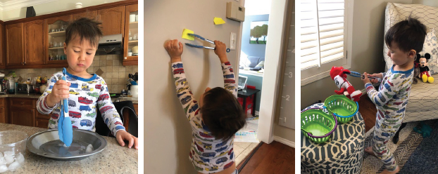 Children use tongs to grasp objects